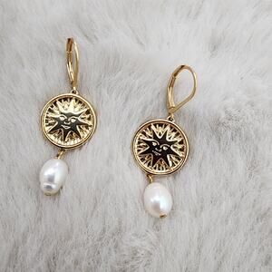 J. Crew Soleil Gold Sun Coin Pearl Drop Earrings Celestial Crystal Dangle NEW